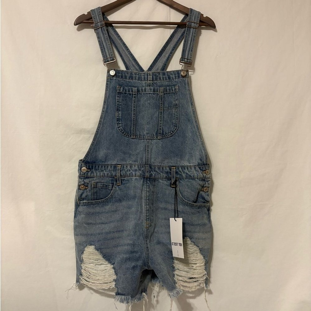 C'est Toi Black Label Distressed Denim Overall Shorts – Size L